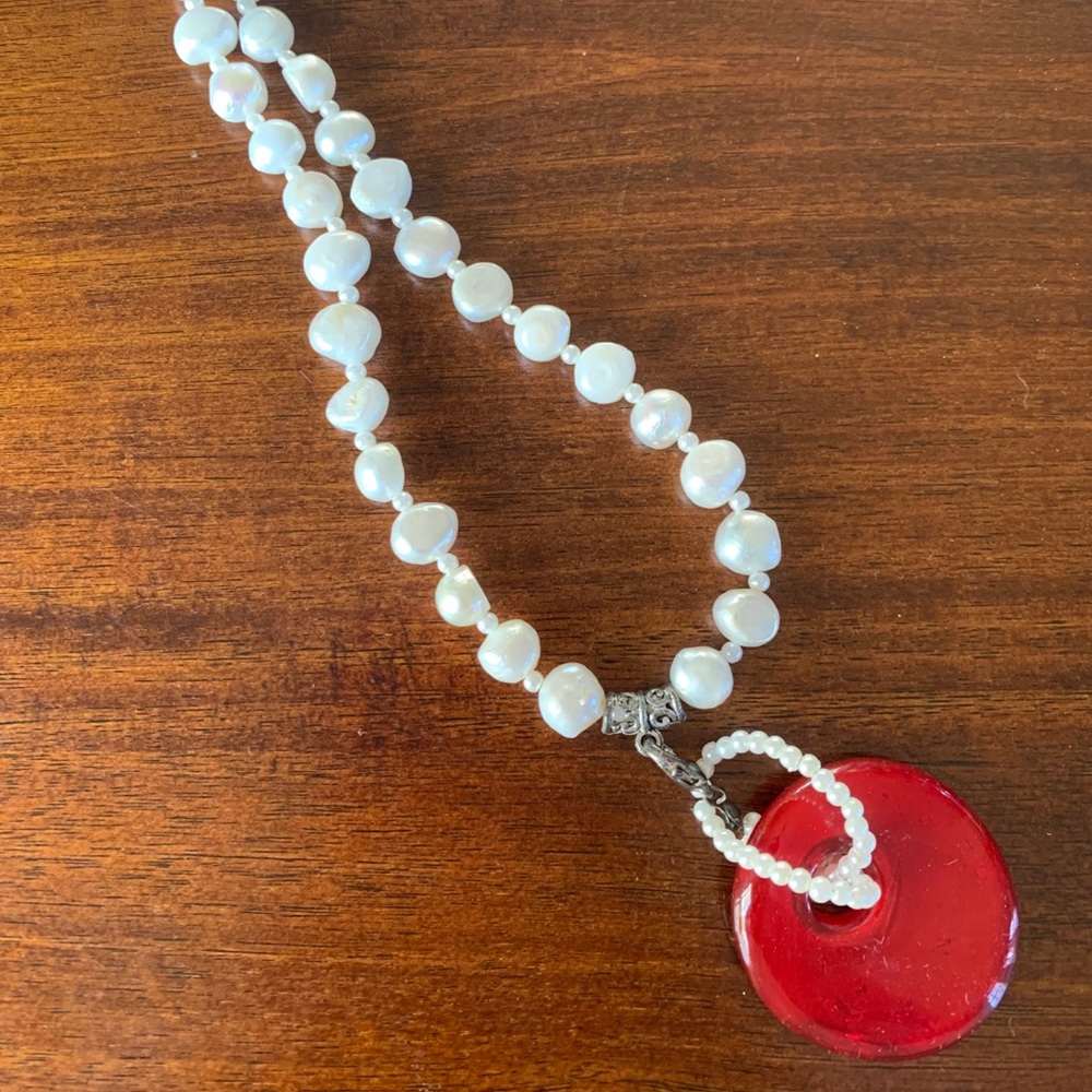 Ladies Necklace with Red Glass Pendant
